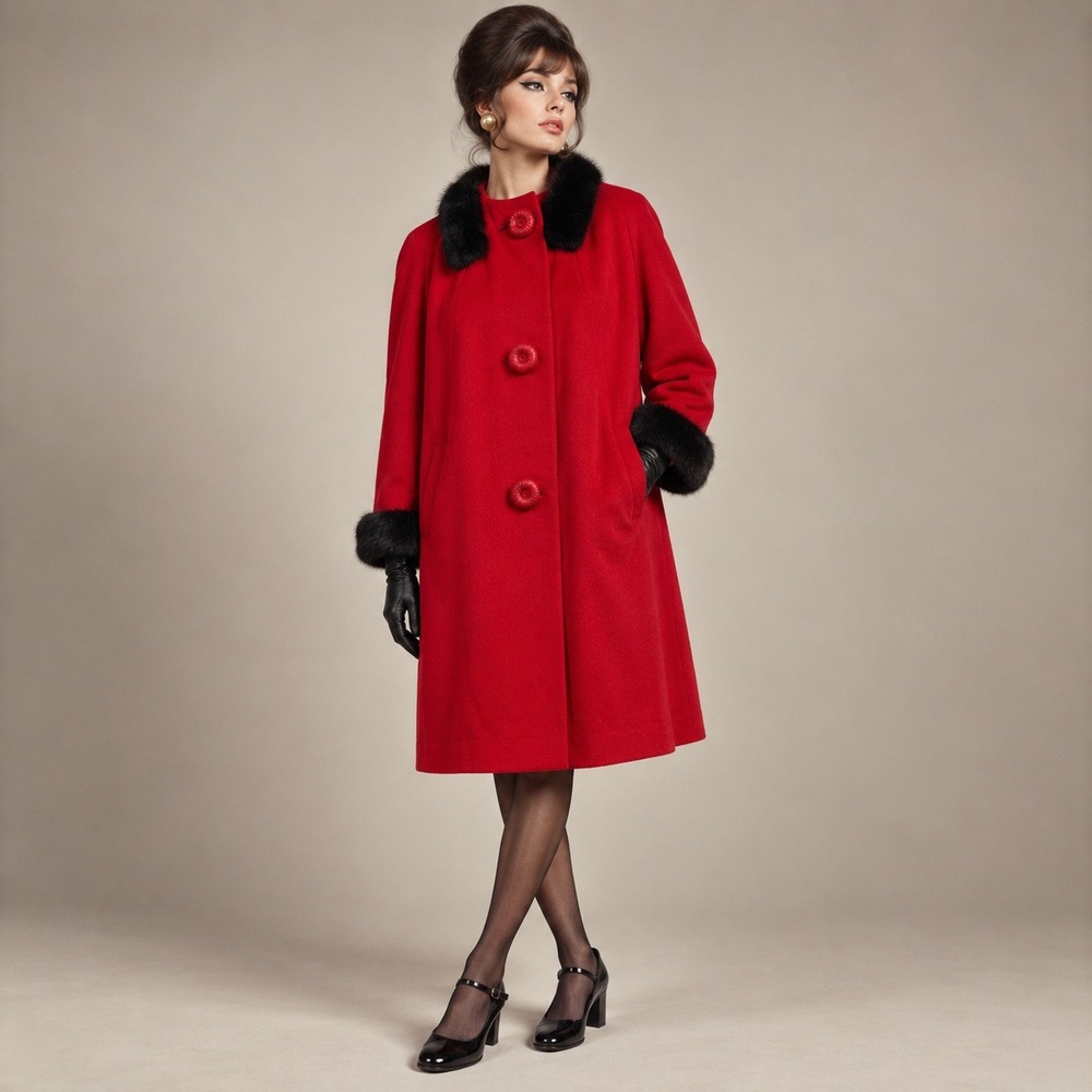 Judy Nell Wool Coat Women M Red Vintage 60s Real Fur Trim Mid Length Mod Elegant
